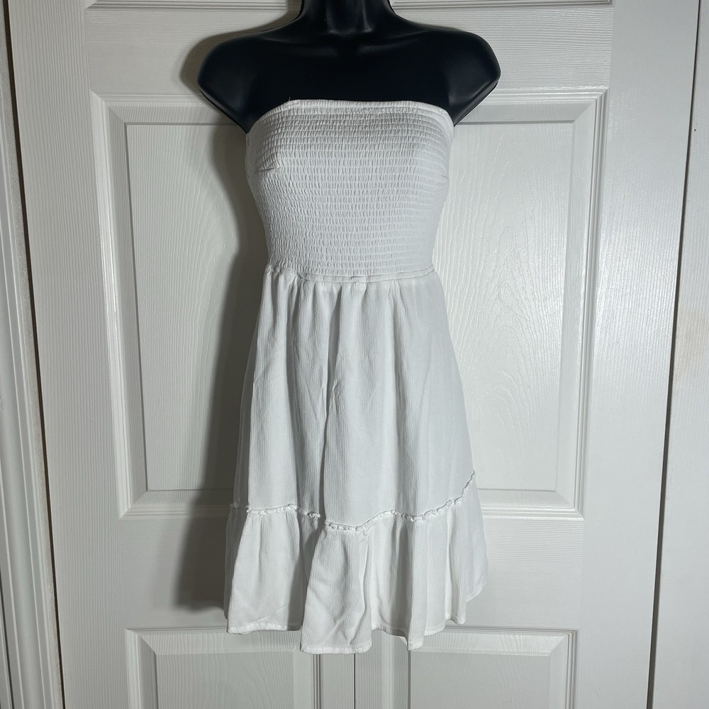 Hollister Strapless Dress Women M White Smocked Tiered Back Cutout Mini Festival